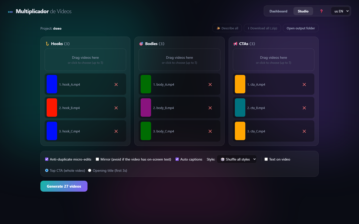 AI Creative Engine studio: three slots loaded with clips and the Generate 27 videos button